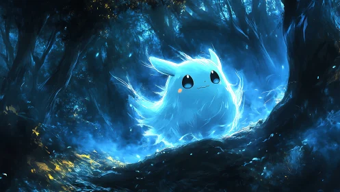 Glowing spirit creature illuminates dark enchanted forest.