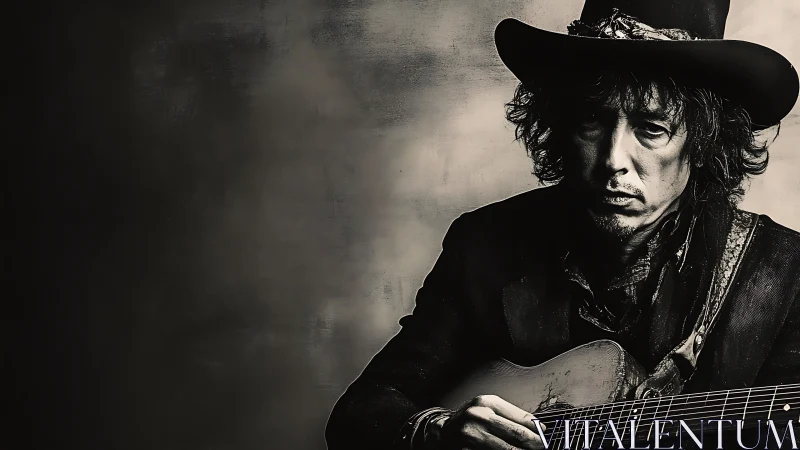 Monochrome portrait of guitarist with hat and guitar, seated.