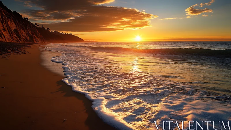 Sunset foam whispering along a copper cliffside shore.