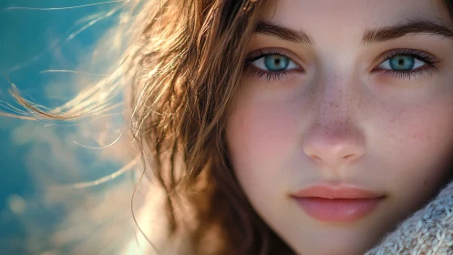 Soft blue gaze in sunlight, a quiet moment of calm beauty.