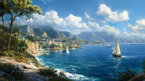 Coastal harbor town with sailboats and distant mountain range.