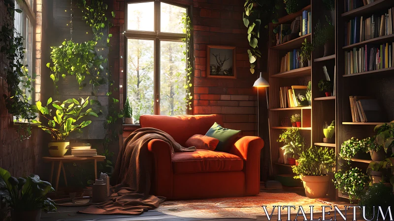 Cozy reading corner shows orange armchair and indoor plants