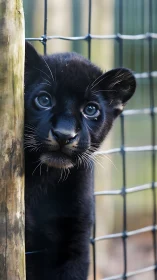 Black panther cub peers past timber post in soft daylight.