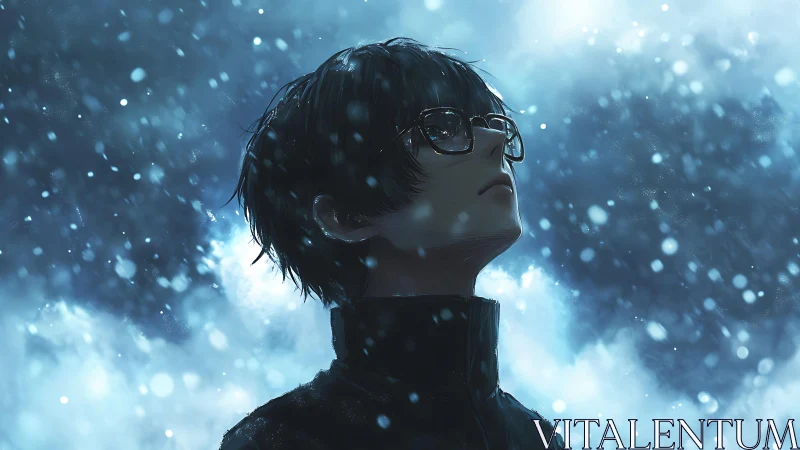 Solitary anime boy gazes into a silent, snowlit winter sky