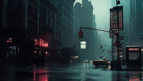 Neon taxi drifting through rain soaked midnight canyon streets.