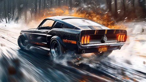 Vintage fastback car drives on icy road with motion blur