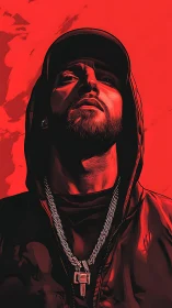 Low-angle red-toned hooded portrait with pendant chain jewelry