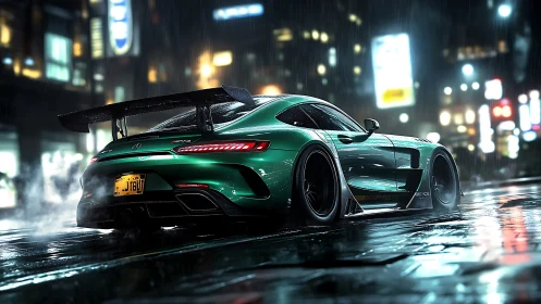 Emerald GT track car powers through neon-soaked night rain.