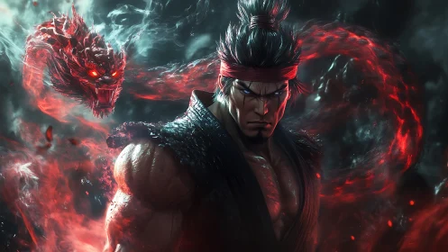 Martial warrior with red spectral dragon in dark vortex.