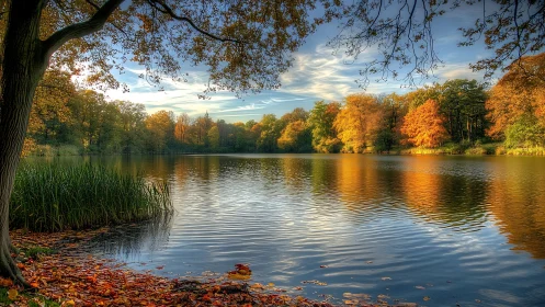 Calm forest lake reflects vivid autumn foliage and sky