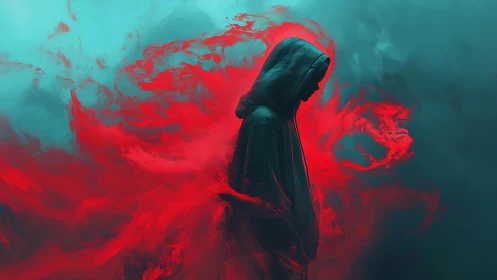 Hooded figure stands in red smoke against teal fog backdrop.