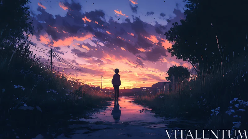 Silhouetted figure on rural path under stratified sunset sky.