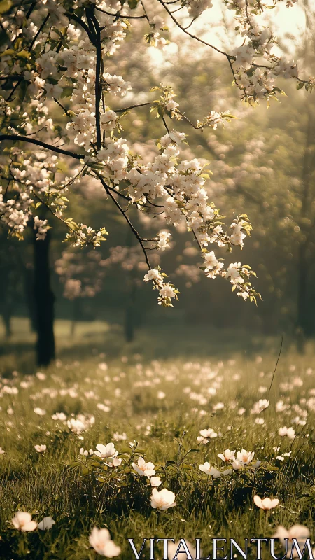 Spring Blossoms Frame Sunlit Meadow in Golden Light.