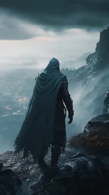 Cloaked armored figure overlooking distant valley settlement.
