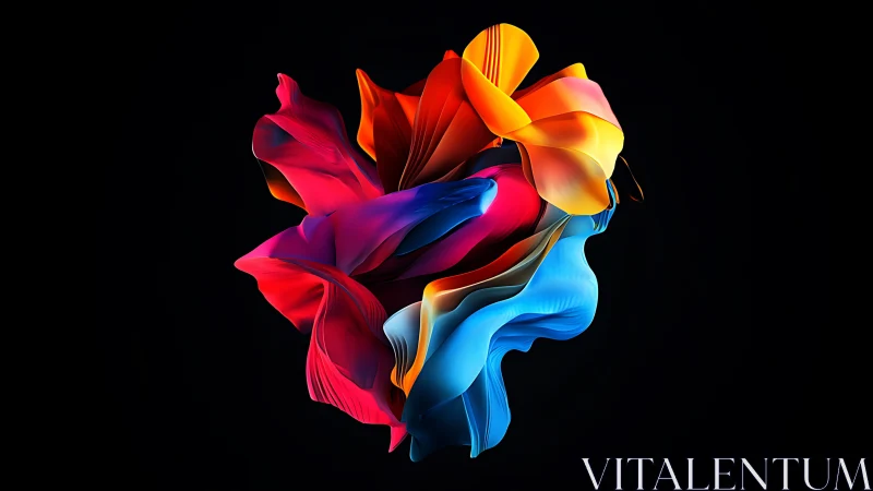 Vivid abstract 3D ribbon sculpture on deep black background.