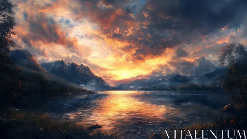 Blazing mountain dusk ignites a tranquil mirrorlike lake. Period.