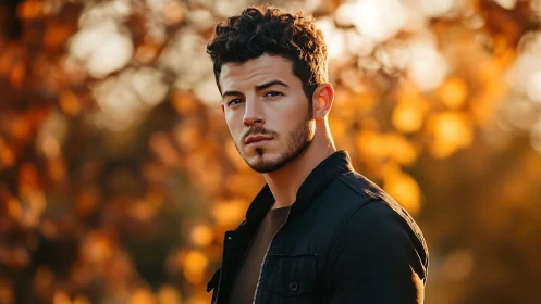 Man stands outdoors in warm autumn golden hour light