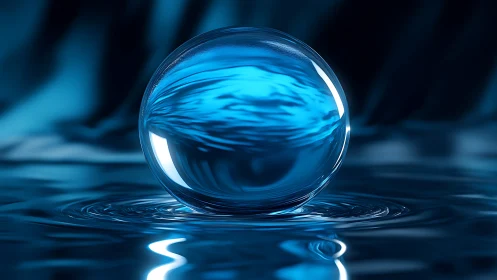 Luminescent blue water sphere resting on liquid ripples.