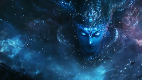 Blue cosmic deity head in swirling galactic nebula field.