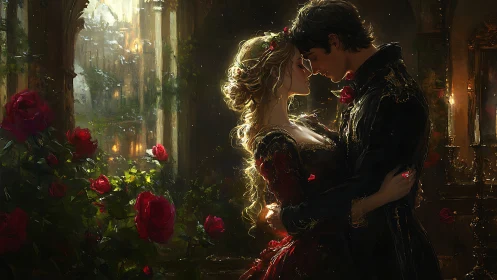 Luminous Romantic Encounter: Baroque Garden Embrace with Volumetric Light.
