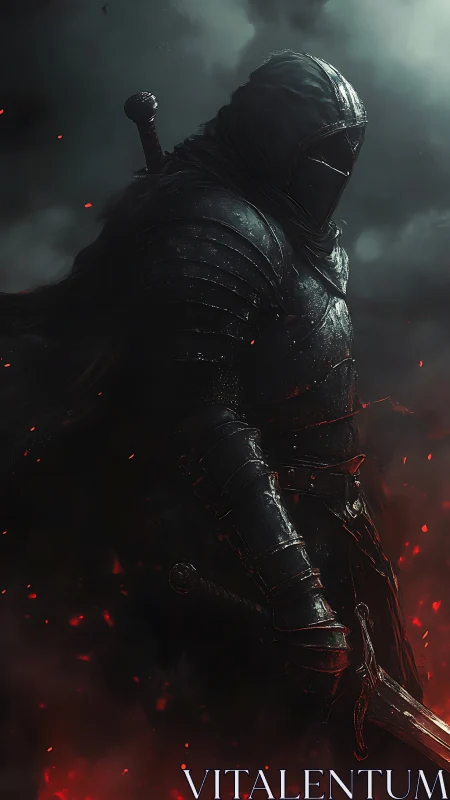 Shadowed knight standing tall in glowing embers of dusk.