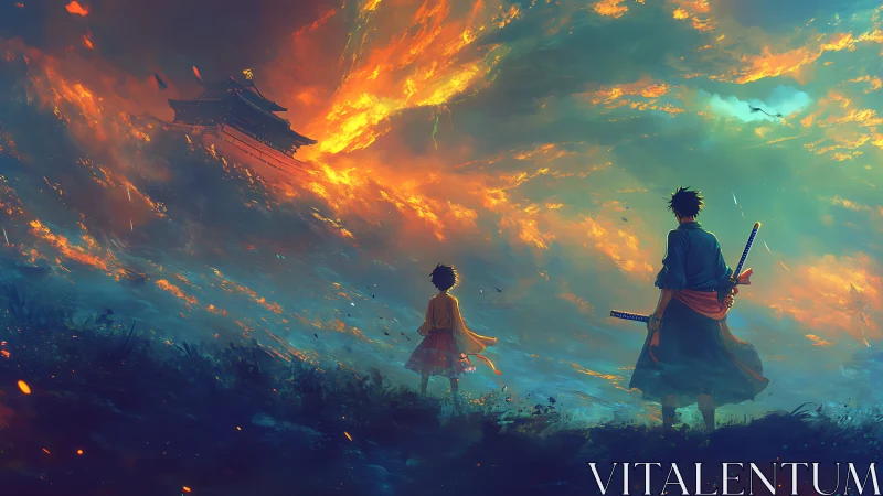 Stormlit samurai guardians beneath a burning horizon sky.