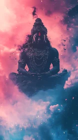 Meditative deity silhouette suspended in bifurcated nebular clouds