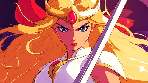 Armored blonde warrior with sword in stylized portrait.