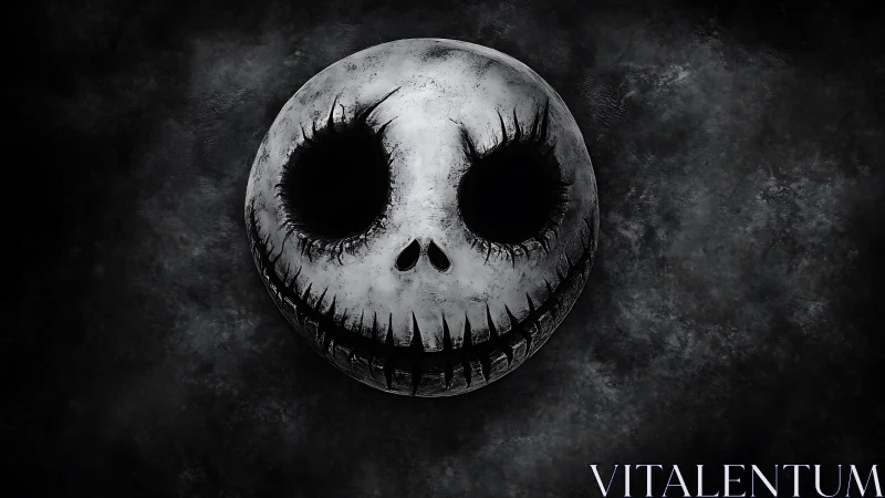 Monochrome stylized skull face on textured dark background.