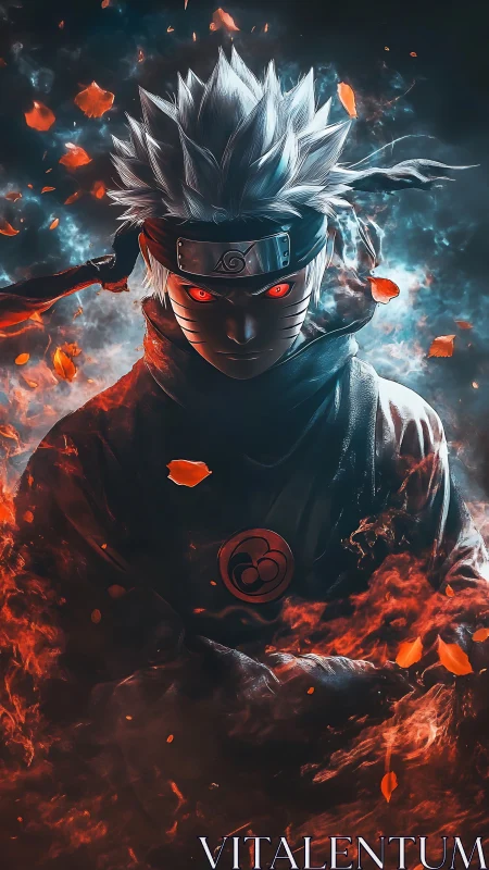 Crimson-eyed ninja portrait in flaming particle vortex.