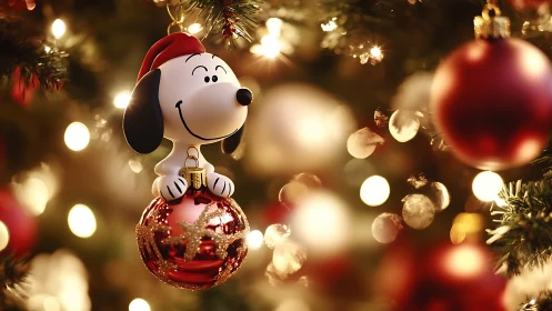 Snoopy ornament rests on glowing red Christmas bauble.