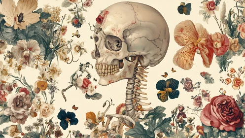 Human skull blooms within intricate baroque floral field.