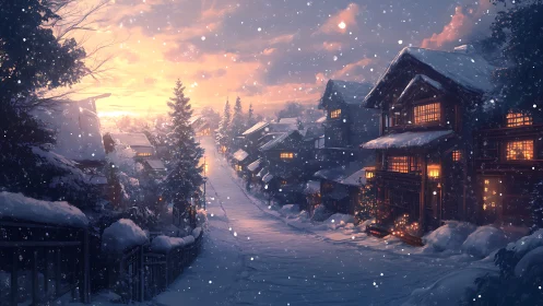 Snowy village street with warm lit houses at sunset.