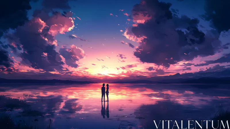 Twin silhouettes linger on a mirror-lake neon dusk horizon.