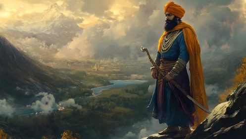 Noble warrior gazing over misty valley and golden peaks.