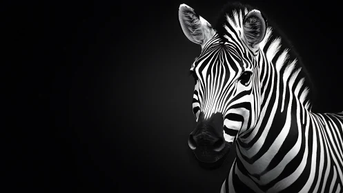 Monochrome zebra portrait on dark negative space background.