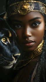 Photorealistic regal portrait with panther and gilded headdress.