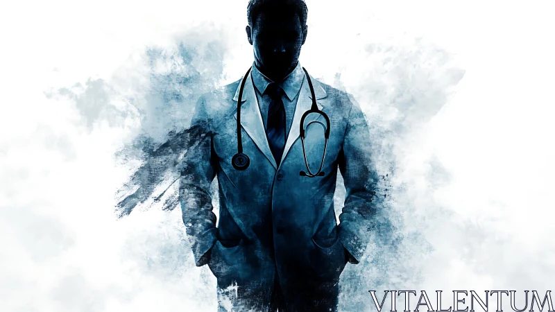 Silhouetted medical professional in abstract blue textures.