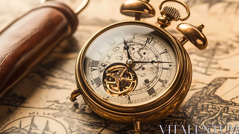 Ornate brass alarm clock rests on antique world map.