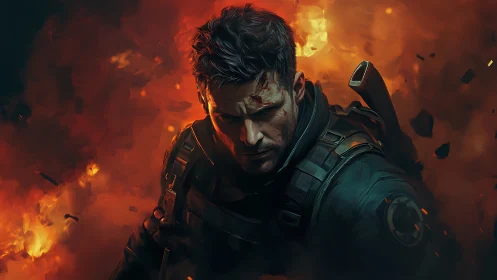 Battle-scarred soldier stalks through a storm of burning embers.