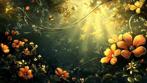 Golden light over stylized forest flowers and butterflies.