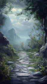 Stone Path Through Misty Mountain Canyon Calls to Adventure