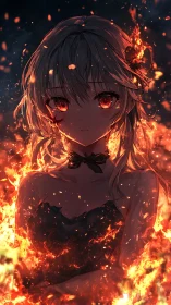 Fierce ember-eyed girl stands calm within swirling flames