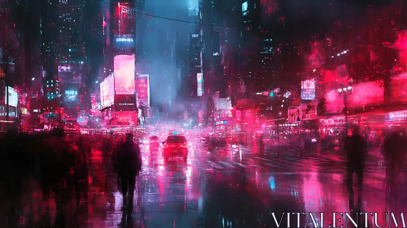 Neon-saturated rainy megacity corridor with diffuse silhouettes.