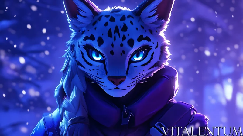Neon Snow Leopard Cyberpunk Portrait with Luminescent Eyes.