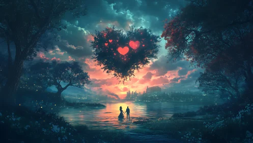 Romance blooms beneath hearts in twilight paradise.