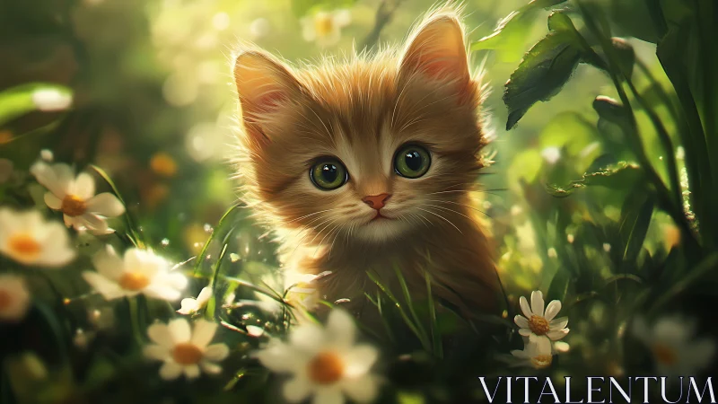 Young ginger kitten sitting in grass with white and yellow flowers.
