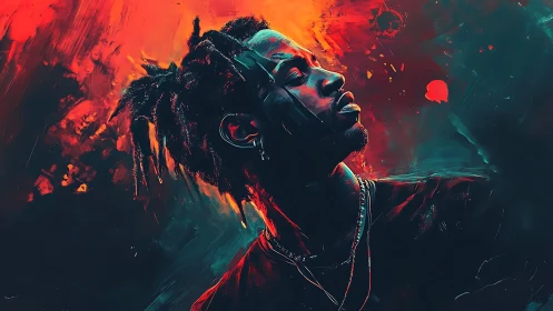 Radiant portrait of a man glowing in electric sunset hues.