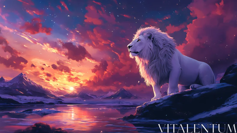 White lion overlooks luminous arctic sunset sky reflection.