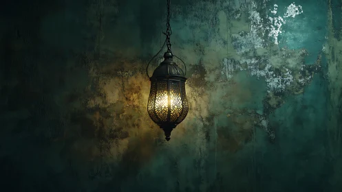 Lantern of quiet emberlight against weathered teal walls.